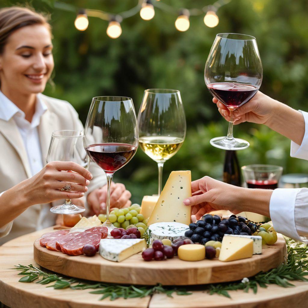 A luxurious wine tasting scene, elegantly dressed guests clinking glasses filled with rich red and white wines, surrounded by lush greenery and twinkling fairy lights. A beautifully arranged table with a variety of gourmet cheeses, olives, and charcuterie boards complements the atmosphere. Capture the joyful expressions and sophisticated ambiance of the event. soft focus. warm lighting. elegant style. vibrant colors.