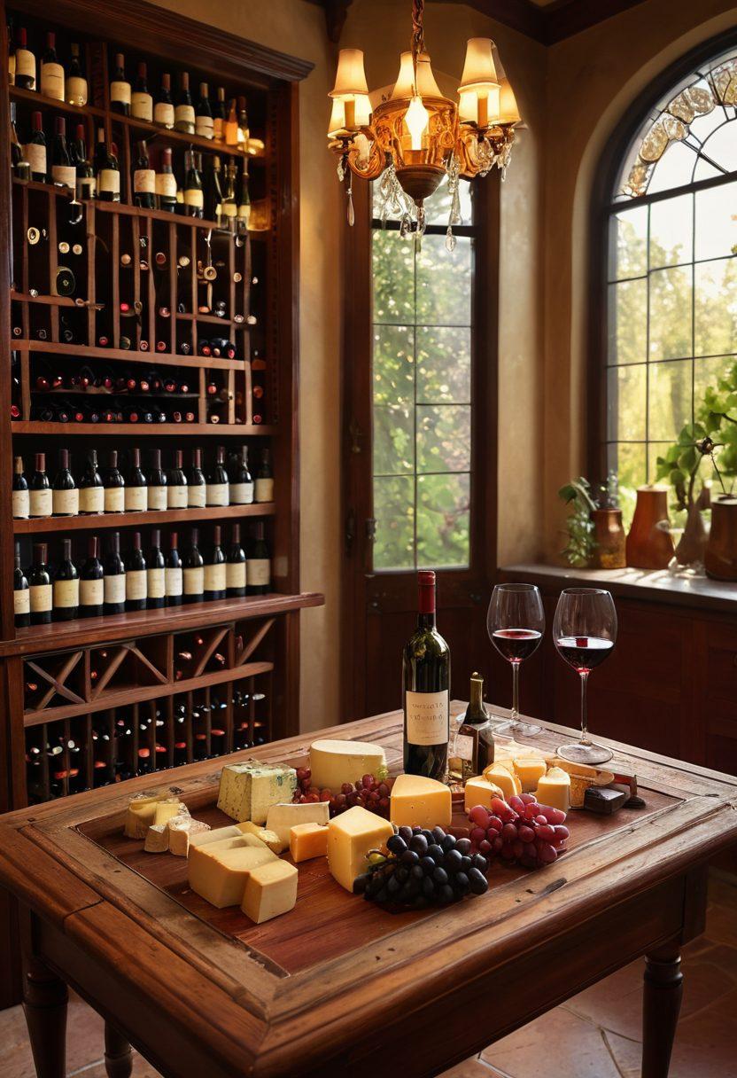 A lavish wooden wine cellar adorned with rows of elegant vintage wine bottles, corks gently removed, and sunlight filtering through stained glass. A beautifully set table nearby filled with gourmet cheese, fresh grapes, and delicate crystal glasses filled with rich red wine. Soft, warm lighting creates an inviting atmosphere, evoking a sense of joy and sophistication. elegant vintage, photorealistic, warm colors, soft focus.