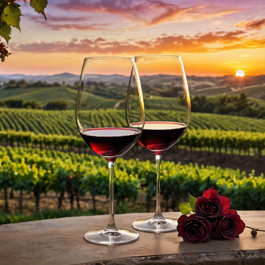A beautiful wine glass filled with rich, dark red wine, surrounded by lush vineyards under a golden sunset. The scene transitions from darker shadows in the foreground to a vibrant, warm glow in the background, symbolizing the journey from darkness to delight. Delicate wine bottles with elegant labels and soft, pastel flowers accent the setting, enhancing the luxurious charm. super-realistic. vibrant colors. elegant style.